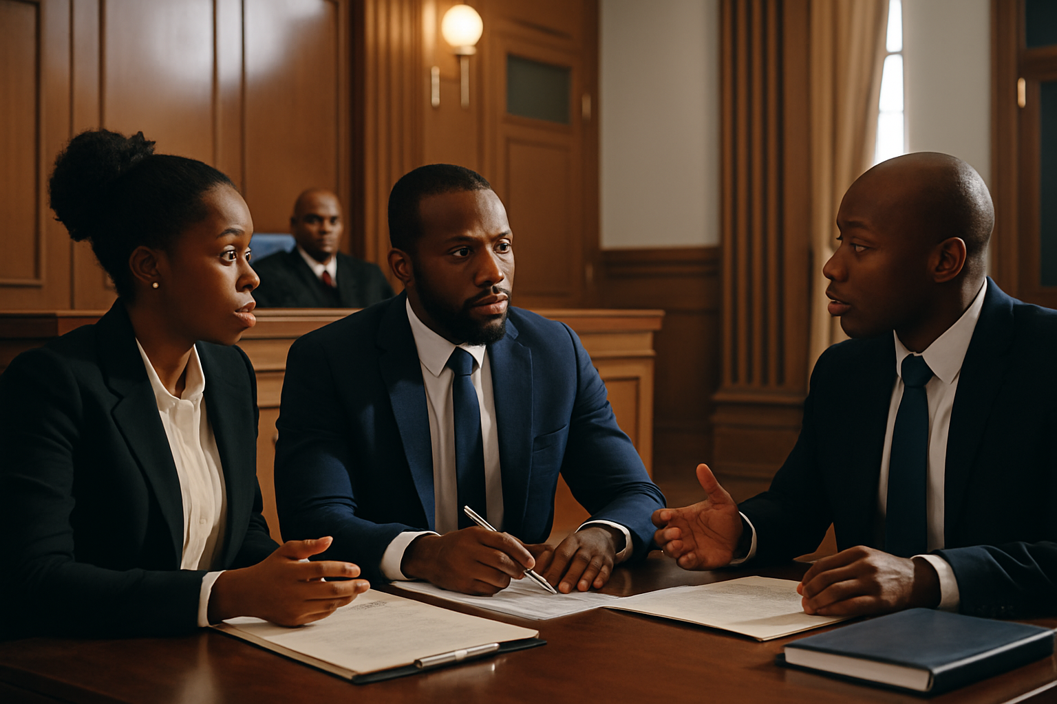 Commercial litigation lawyers in courtroom preparation