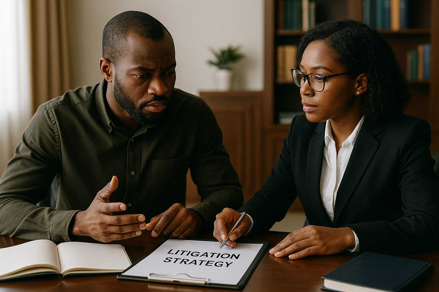 Civil litigation strategy session with clients